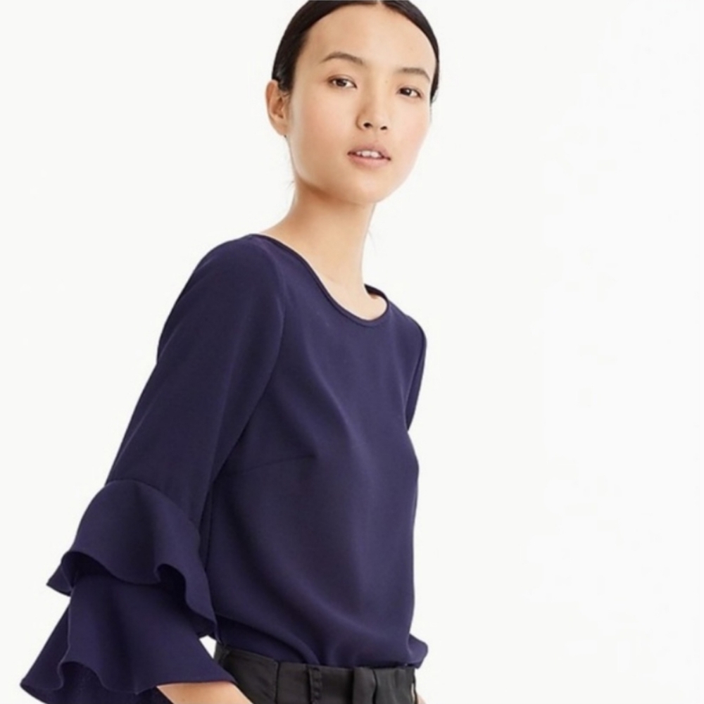 J Crew Lana Tiered Bell Sleeve Blouse Navy